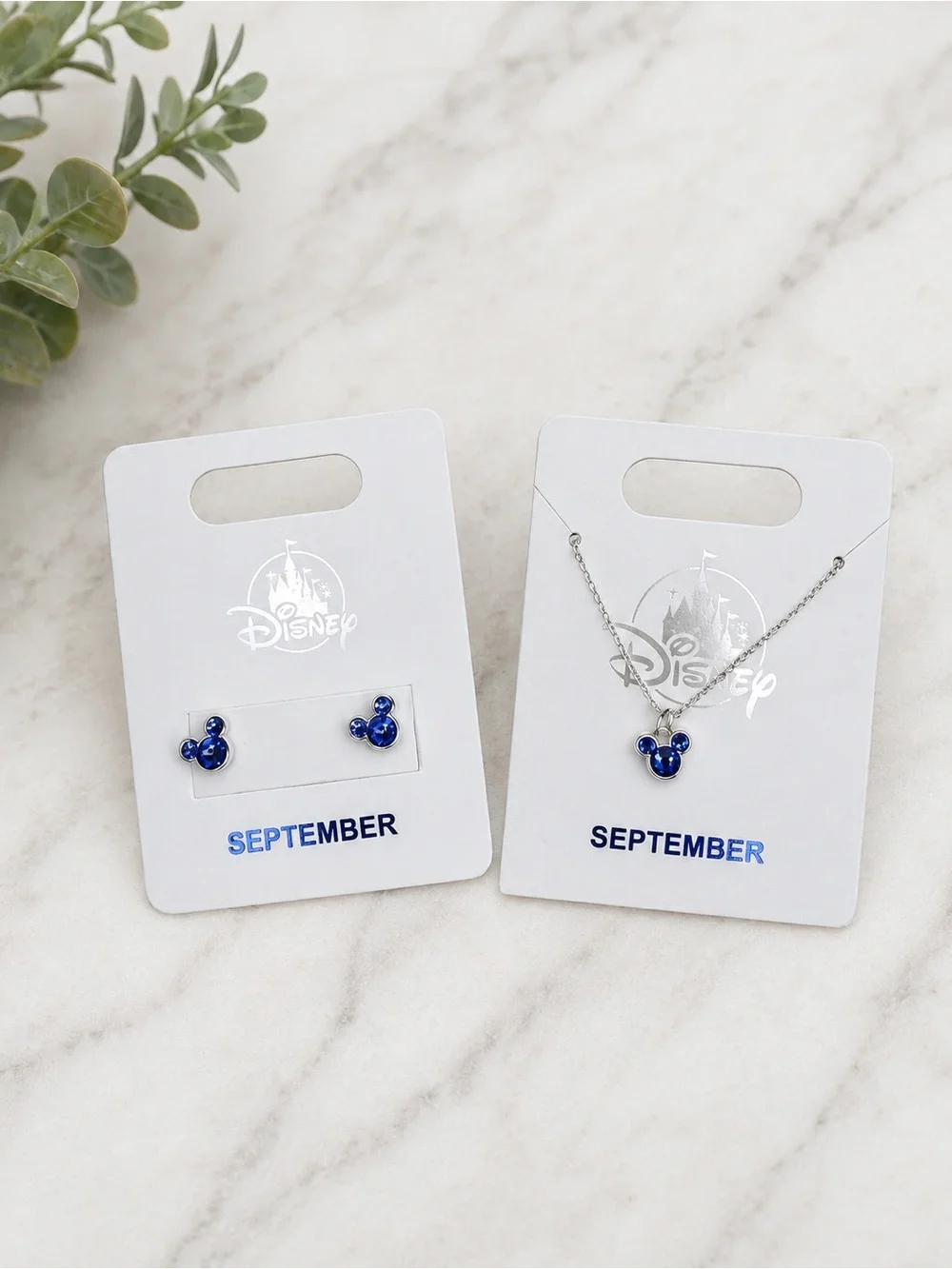Disney Blue Mickey Mouse Necklace and Stud Earrings Set September Birthstone NWT